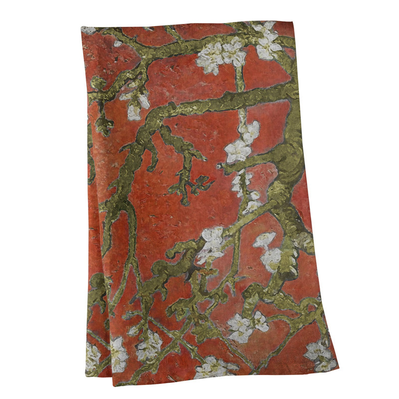 Serviette de thé en fleurs d’amande, Polyester sergé, Rouge clair / brun