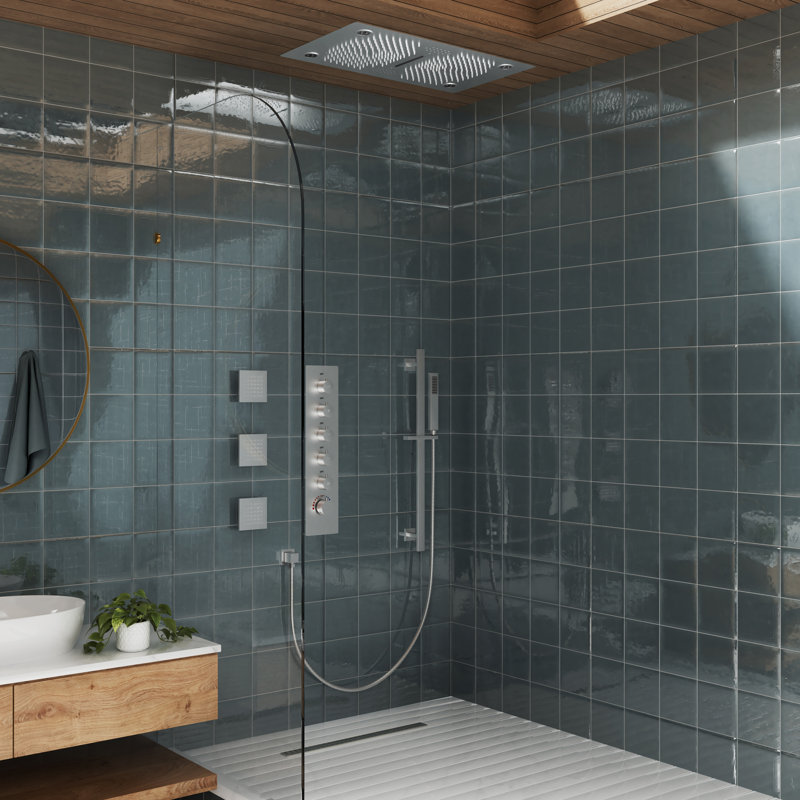 Rodeo 28"Lx16"W Flush Mounted 5-Function Thermostatic Complete Shower System with LED and Bluetooth Music, Brushed Nickel