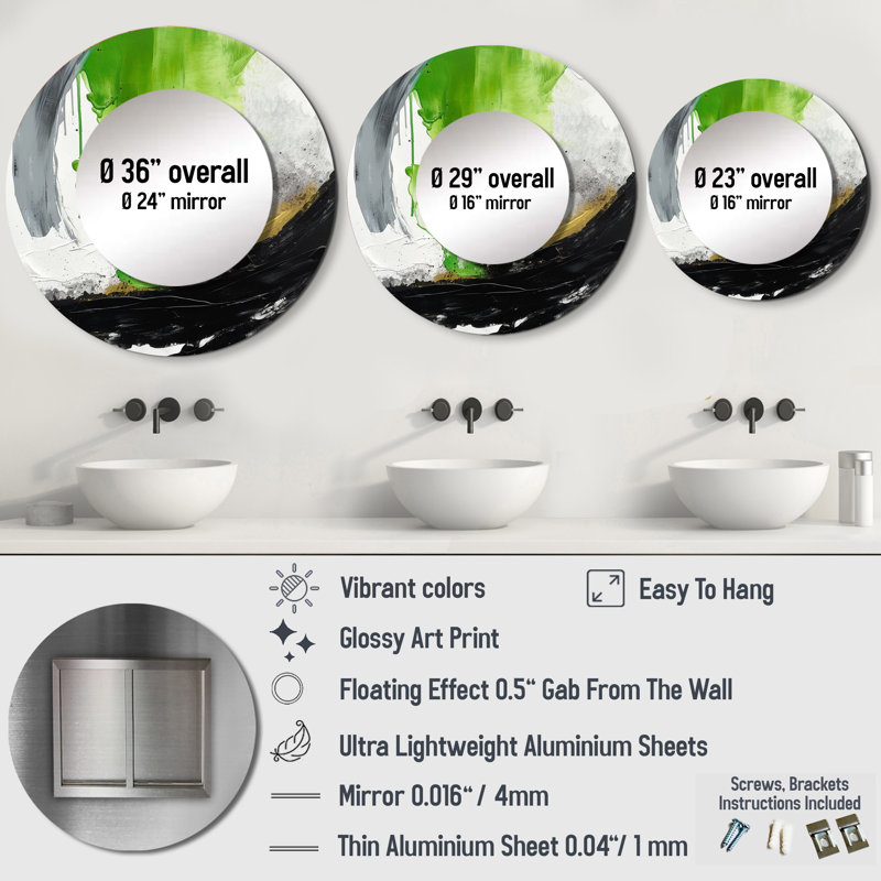 Qiwen - Enchantement géométrique vert et noir, miroir décoratif en marbre, 29 po x 29 po