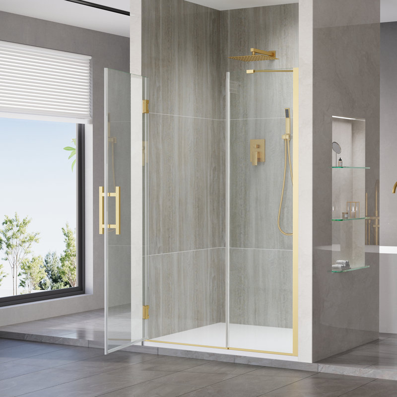 Porte de douche sans cadre à charnières avec paroi de douche fixe en verre trempé transparent SGCC de 9,5 mm (3/8 po), finition or brossé, dimensions : 119-122 cm (47-48 po) de largeur x 183 cm (72 po) de hauteur
