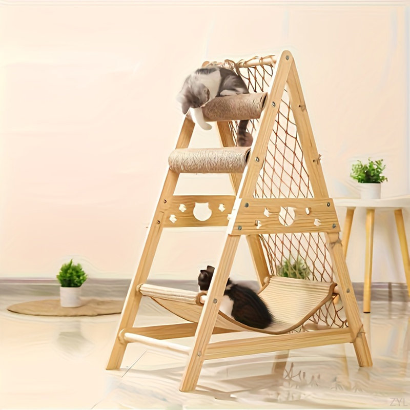 Tour pour arbre à chat 6-en-1 de luxe avec maison à plusieurs niveaux, hamac, plateforme de saut, grattoir, filet d'escalade