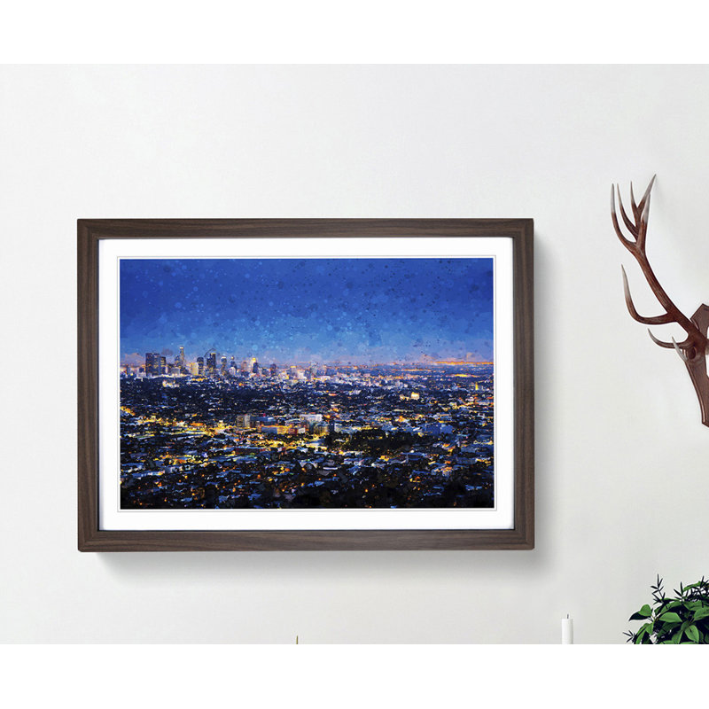 Los Angeles City Skyline at Night in Abstract - Picture Frame Graphic Art Print, 60cm H x 91cm W x 2cm D, Walnut