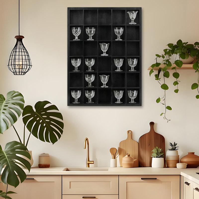 2-Pack Shot Glass Display Case 17 x 12 in Wall Mounted with 30 Slots Removable Shelves Black Wood Shadow Box Bar Decor