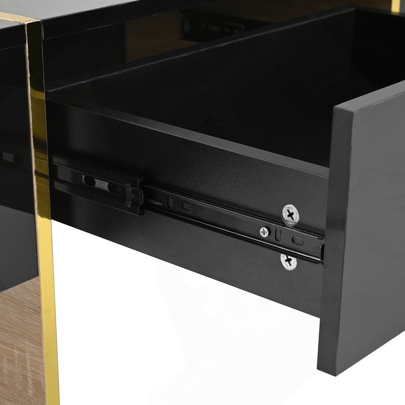 Modern Multi-Storage Rectangle Sofa Table with Golden Wood, Black