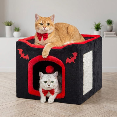 Gothic Coffin Cat Condo for Indoor Cats, Foldable Hideaway Cube with Scratch Pad & Fluffy Ball Toy, Pet Bed for Kittens & Large Cats, Red Black Halloween, 16.5x16.5x13"