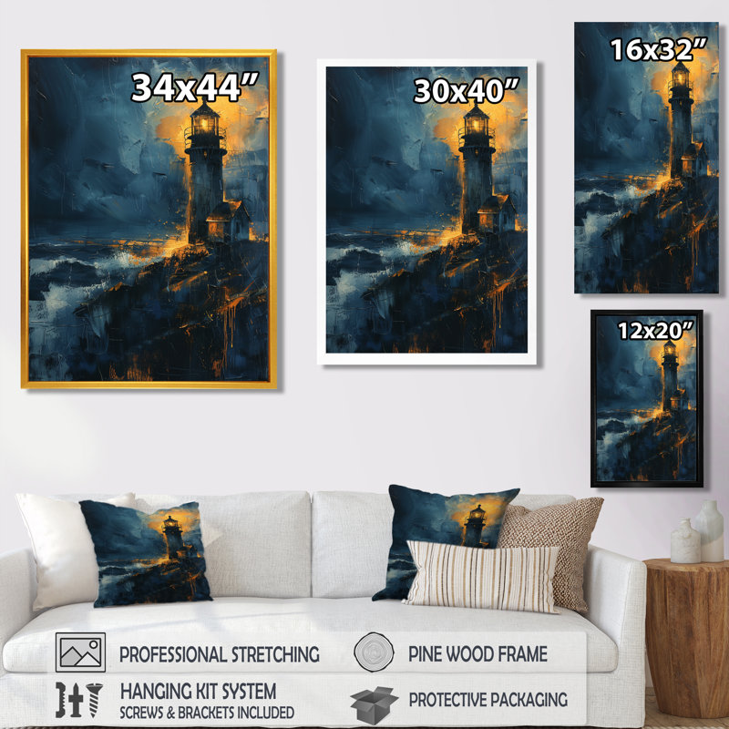 Décoration murale phare noir et bleu clair d'hiver, H 30 po x l 40 po, Cadre simple blanc