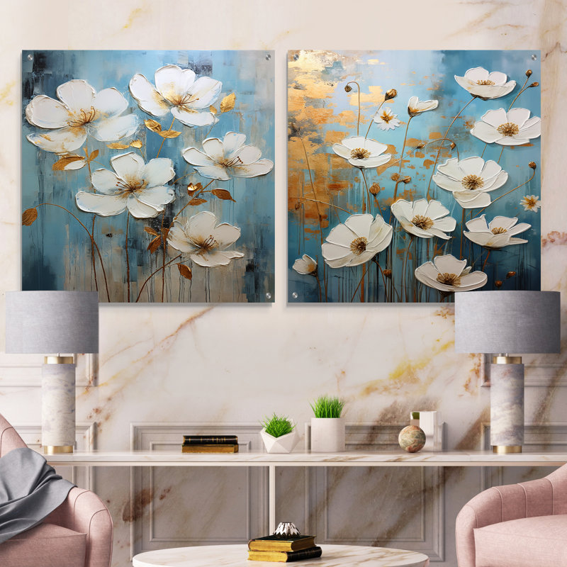 Elegant Beige Buttercups Meadow V - Ensemble de 2 art mural en verre acrylique, H 36 po x l 73 po