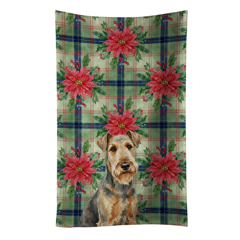Grizzle Airedale Terrier Christmas PoinsettIas Kitchen Towel, Black/Brown Grizzle Airedale Terrier