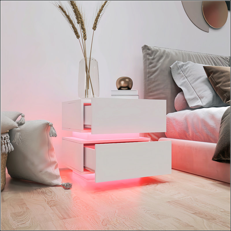 Table de chevet blanche 2 tiroirs ultrabrillante avec lumière DEL RVB et contrôle Bluetooth, parfaite pour les chambres modernes