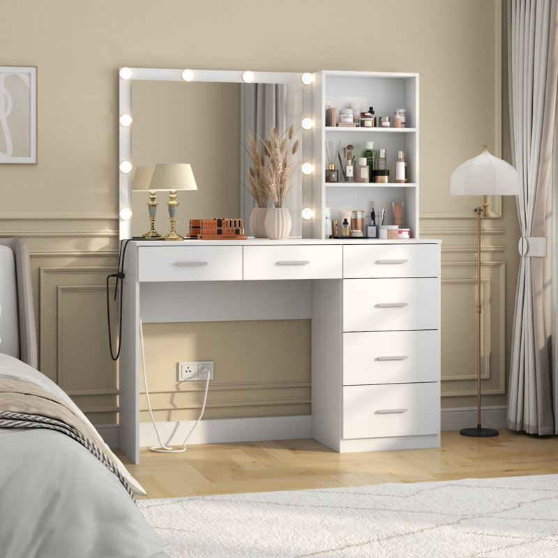 Bimini Vanity Desk with Storage Shelves, 6-Drawers Dressing Table, White