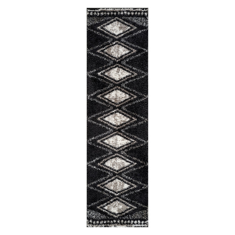 Tapis à poils longs à motif géométrique quadrillé - gris foncé anthracite - velours moyen, doux et durable