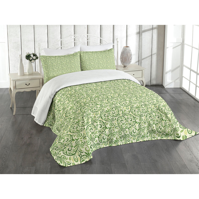 Green Damask King Size Polyester Bedspread Set