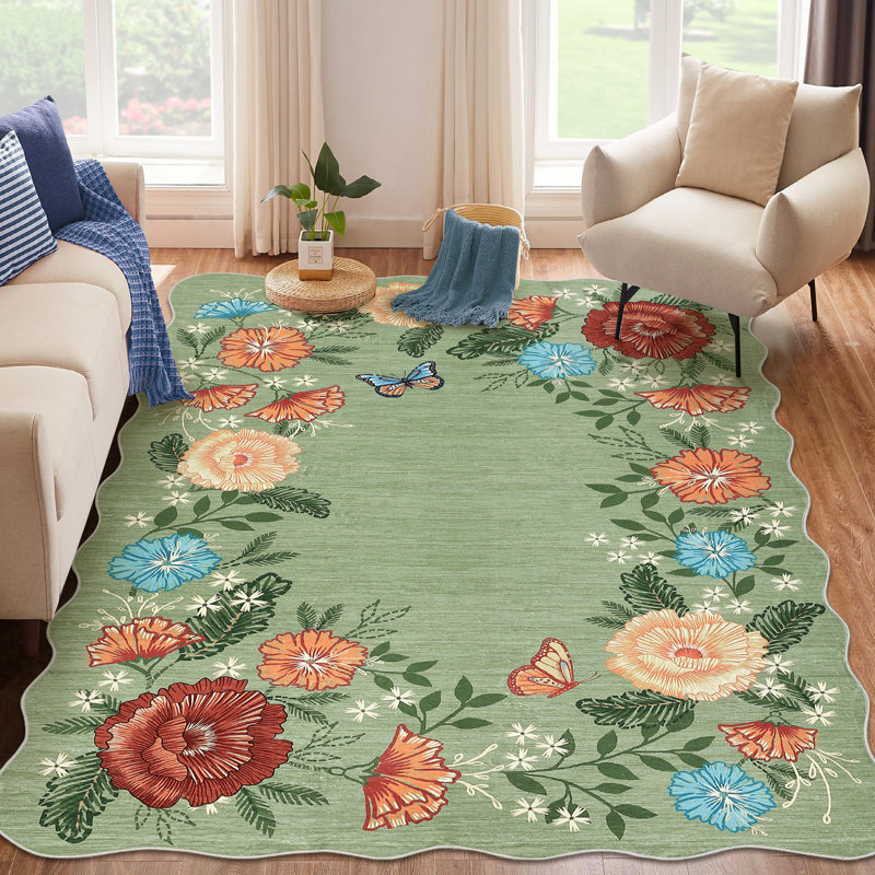 Green Floral Rug 8x10 Washable Rug Scalloped Botanical Rug Living Room Rug Bedroom Rug with Non Slip Backing, Soft Thin Rug, Low Pile Foldable Rug, Aesthetic Printed Rug