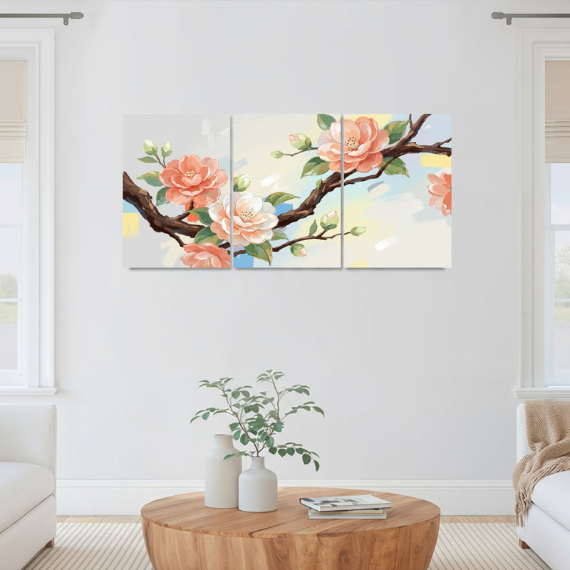 Ensemble de 3 tableaux muraux sur toile représentant des branches fleuries, pour la décoration du salon et de la chambre.