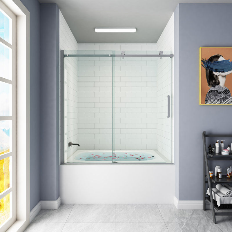 Castalia 55" - 59" W x 60" H Single Sliding Frameless Tub Door with Clear Glass, Brushed Nickel