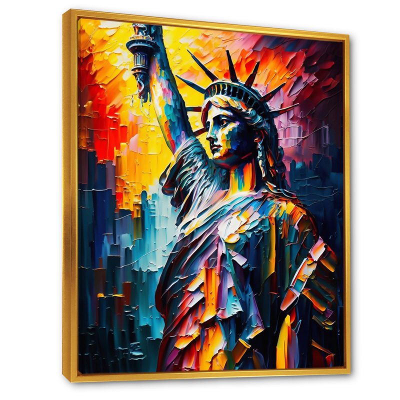 Statue colorée de la liberté II - art mural ville, H 20 po x l 12 po x P 1 po, Cadre flottant doré