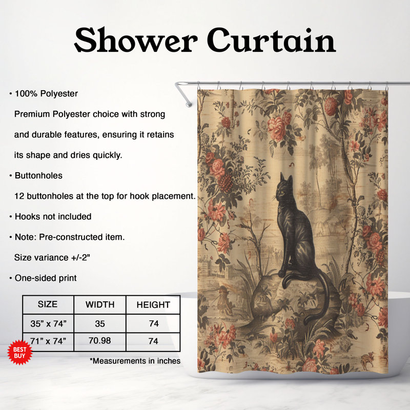 Rideau de douche standard 1 pièce Cat, H 74 po x l 71 po