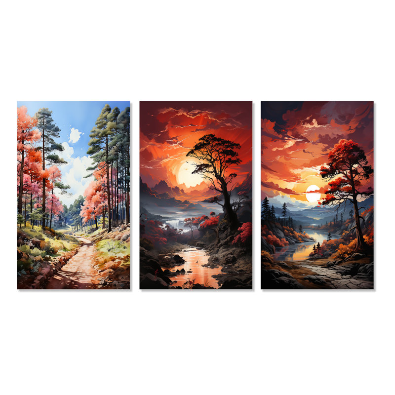 «Green Pine Tree Dancing Shadows», 3 pièces sur toile, Toile tendue, H 28 po x l 36 po