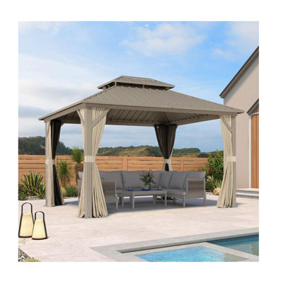 Pavillon de jardin d'extérieur à toit rigide mauve 10 pi x 12 pi, pavillon en aluminium champagne avec double toit en acier galvanisé, rideaux et filet pour pelouse et jardin