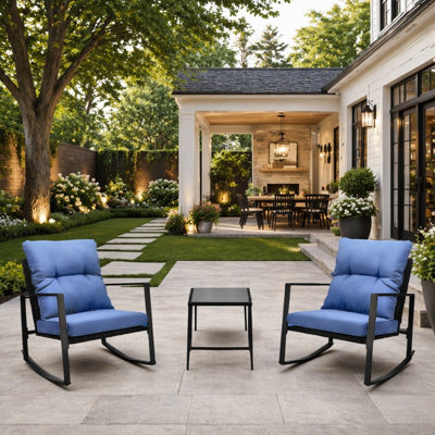 Ensemble bistro d'extérieur 3 pièces avec coussins bleus, structure en acier durable et rotin toutes saisons pour une assise confortable