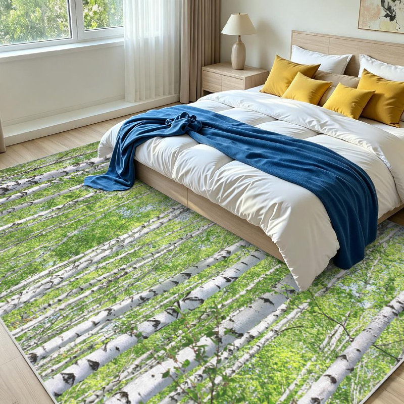 Green Tree Birch Forest Sunlight Morning Summer Abstract Machine Washable Indoor Area Rug, Rectangle 79" x 118"