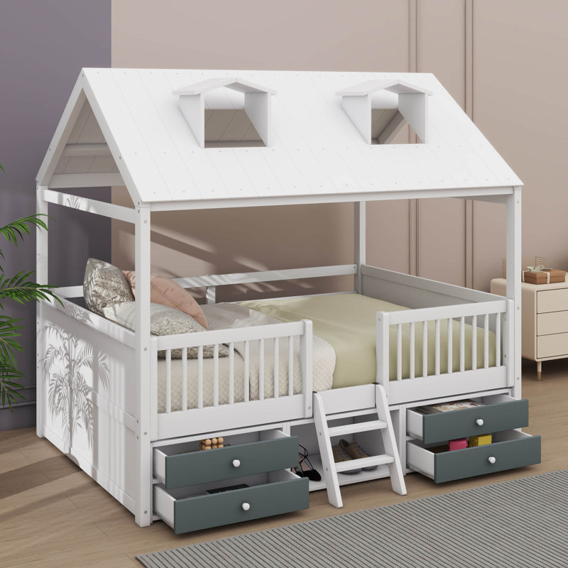 Cadre de lit en bois incarnant une esthétique inspirée de la maison, Double, Blanc