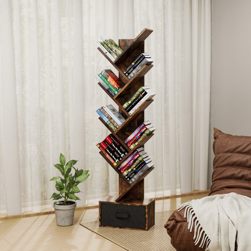 Bibliothèque à 9 niveaux avec bibliothèque à tiroirs, bibliothèque moderne, bibliothèque pour arbre autoportante, tablettes utilitaires pour bureau à domicile, salon, chambre à coucher, brun rustique
