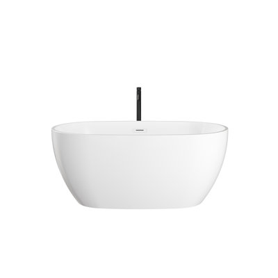 Juno 55 Inch Freestanding Bathtub in White, Shiny White Drain and Overflow Trim, and Matte Black Floor Mounted Faucet