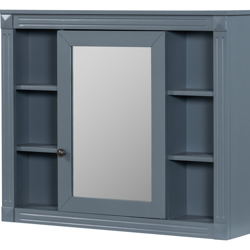 Armoire de salle de bain avec miroir - 35 po x 28 po, étagère spacieuse, charnière de porte, extérieur bleu, fixation murale avec option de rangement polyvalente