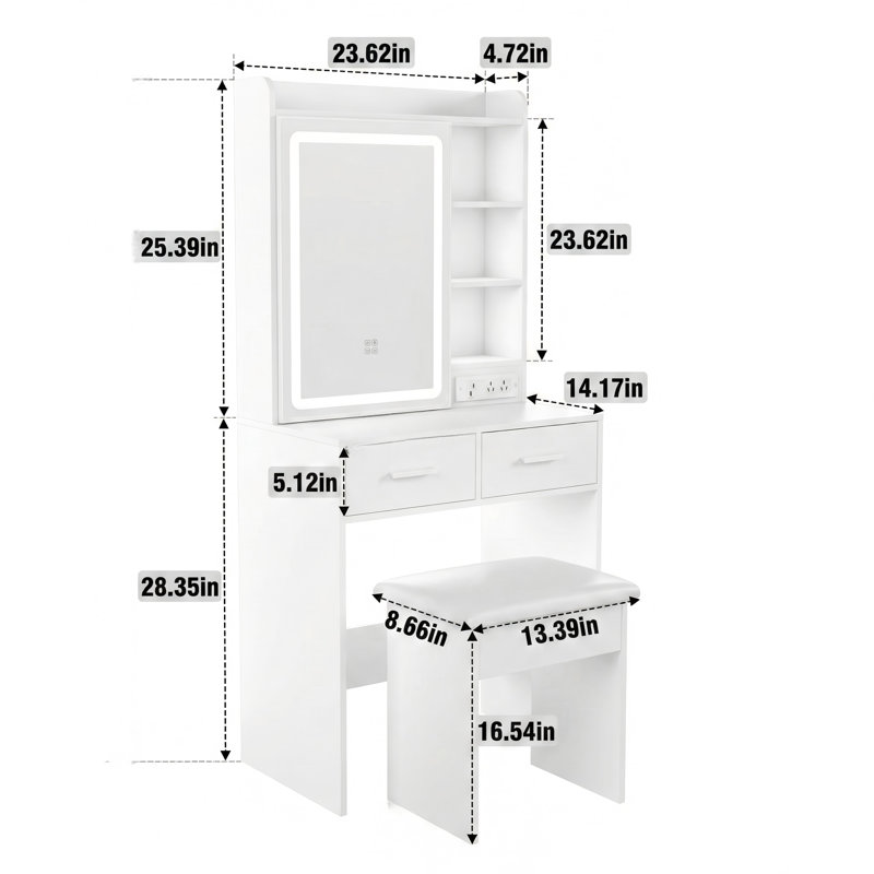 Cette coiffeuse compacte comprend un miroir et un éclairage à DEL réglable. Elle comprend une prise électrique intégrée et des compartiments de rangement dissimulés. Comprend un tabouret rembourré et une tablette supplémentaire. Bureau de maquillage peu encombrant conçu pour B compact