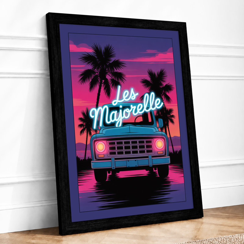 Neon Sunset Truck Retro - Framed Print, A2 - 59.4 x 42.0 cm, Black