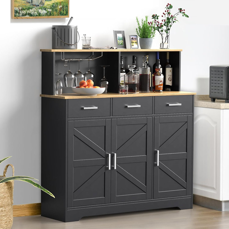 August Grove® Buffet Cabinet with Storage,47" Sideboard with 3 Drawers and Movable Laminate, Black