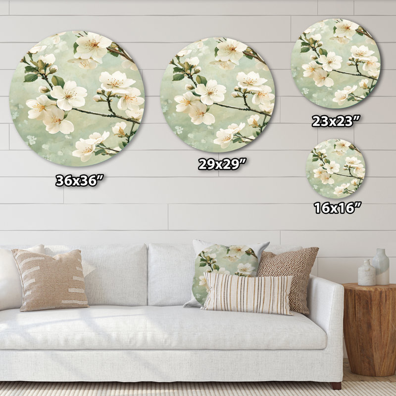 Kaliope - art mural traditionnel blanc en métal, impression ronde de fleurs de cerisier, H 23 po x l 23 po