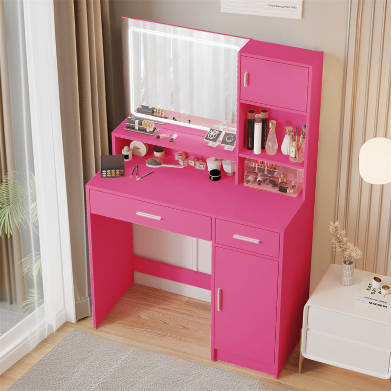 Bureau de coiffeuse avec miroir et bande lumineuse à DEL, coiffeuse avec grand tiroir, commode de rangement à 3 niveaux et 3 modes d'éclairage à luminosité réglable, convient à la chambre à coucher