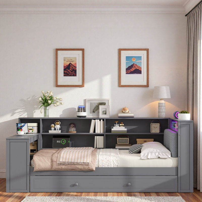 Wood Platform Bed With Storage Shelves, Trundle, Charging Station, Led, Desk And Upholstered Headboard, Gray