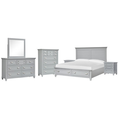 Monti Queen Grey Panel Storage Bed 2 Nightstands Grey Drawer Dresser With Landscape Mirror And Drawer Chest