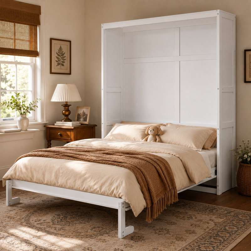 Armoire-lit escamotable à paroi double ultra-mince avec système de levage à deux pistons, unité de rangement intégrée et base à lattes flexibles Mabe