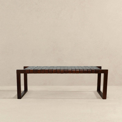 Mid-Century Modern Tan Leather Bench With Solid Wood Frame And Tapered Legs