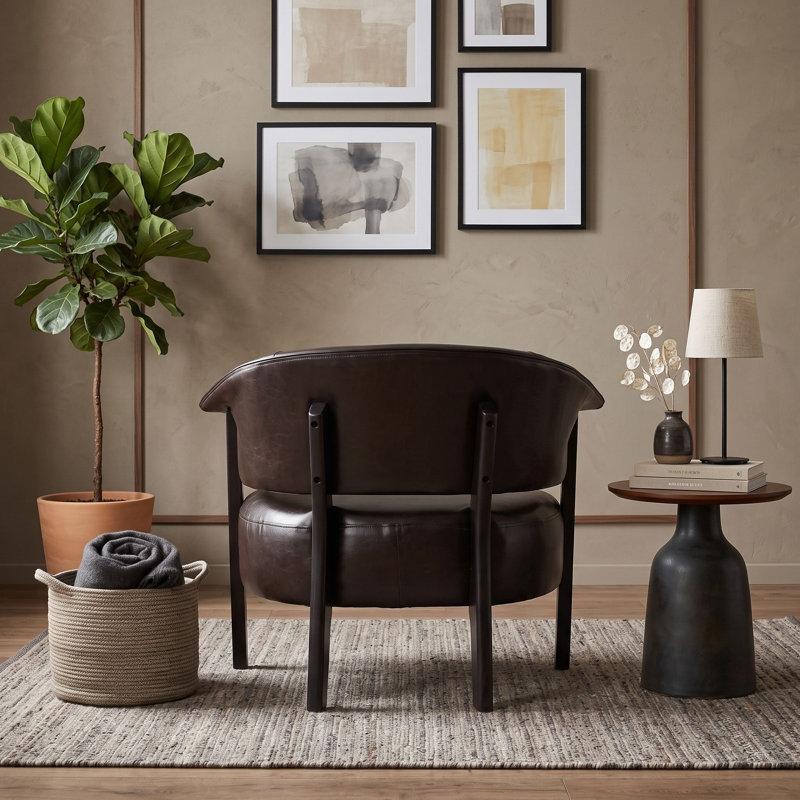 Fauteuil d'appoint à oreilles en similicuir avec pieds robustes en bois, Brun