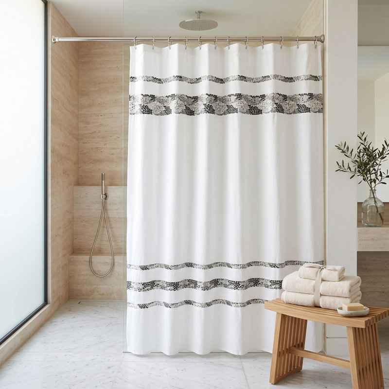 Rideau de douche Spa en tissu doux blanc avec bandes multicolores, Noir, noir, noir, noir, H 96 po x l 72 po