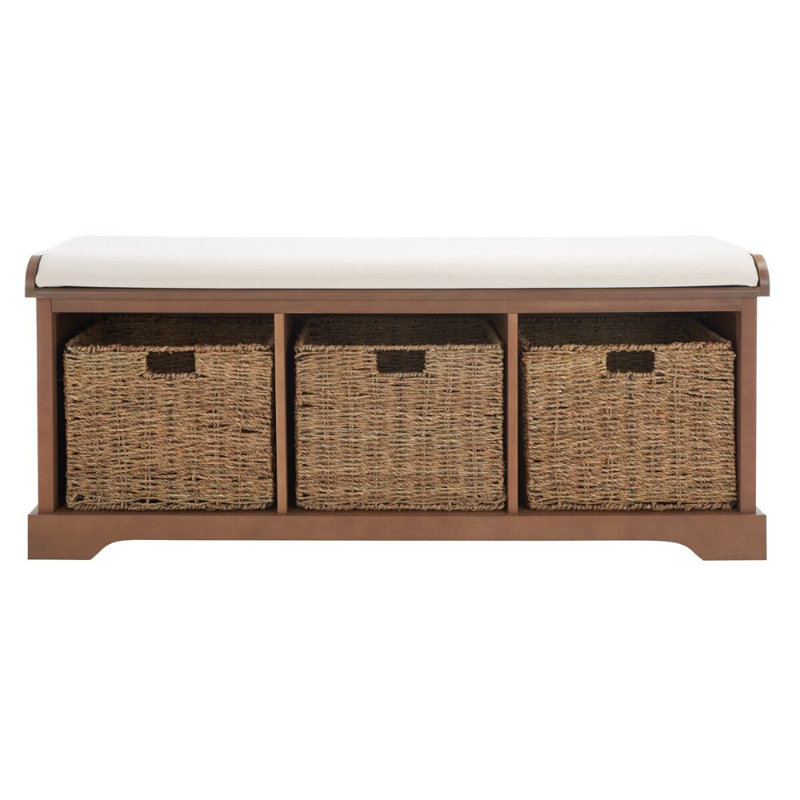 Aniella Faux Leather Upholstered Modern Storage Bench, Pine Wood Woven 3 Baskets for Mudroom and Entryway, Washed Nat Pine