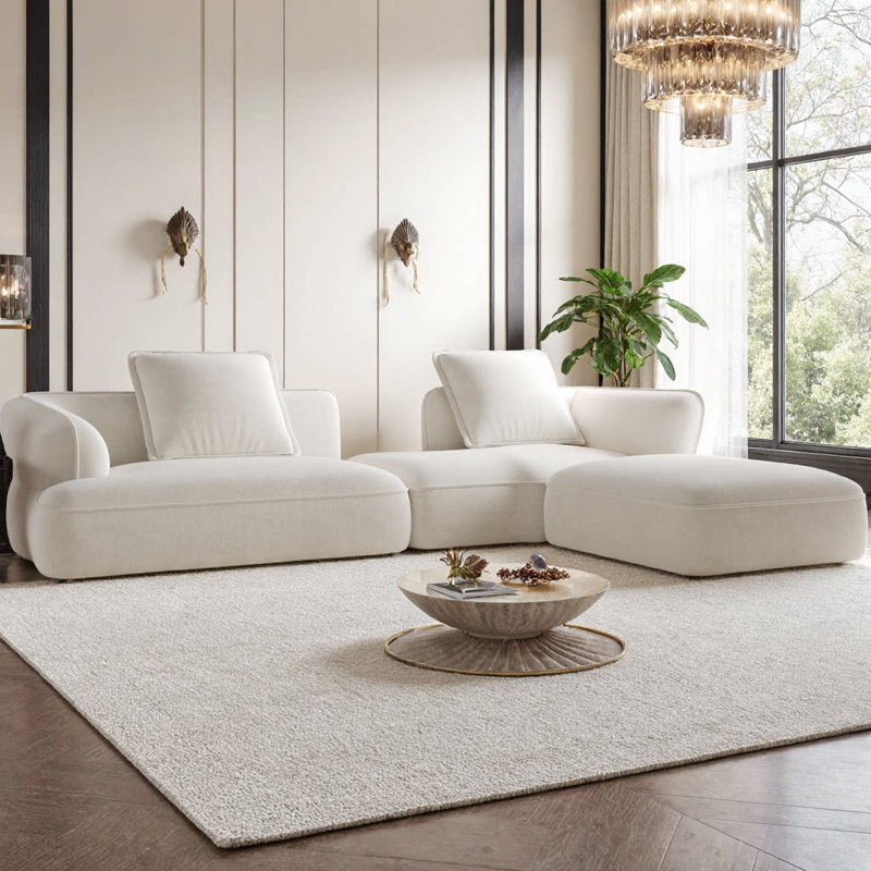 Canapé modulaire moderne en L avec méridienne. Siège profond faisant face à la droite et mousse haute densité, Beige