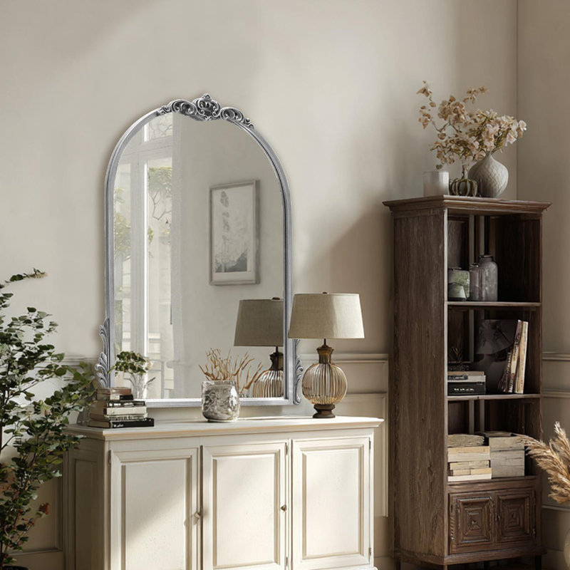 Arched Vintage Metal Frame Wall Mirror/Decorative Mirror, Silver, 32" x 24"
