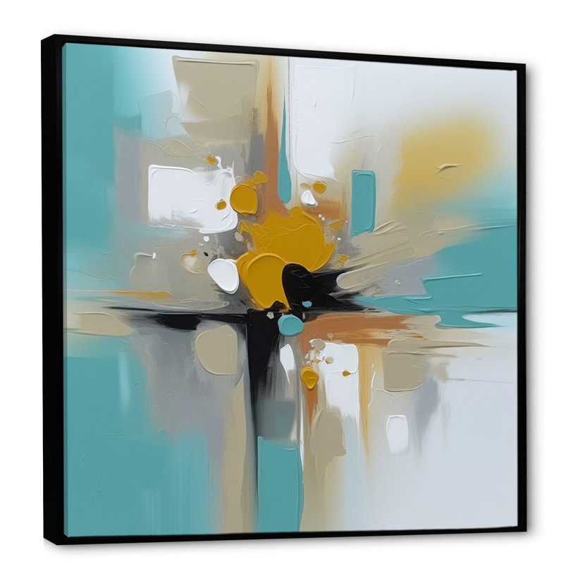 Encre sur toile Lybarger, jaune et turquoise, H 30 po x l 30 po x P 1 po, Cadre flottant noir