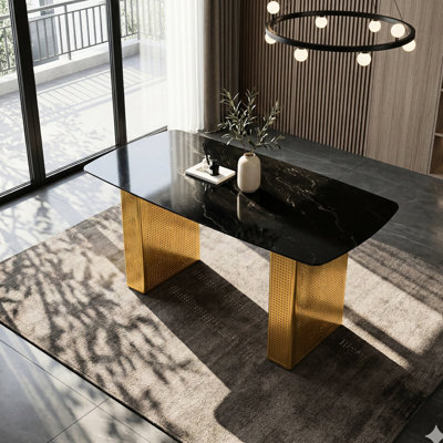 Rectangular Tempered Glass Table With Fashionable Marble Pattern And Gold Dual - Column Legs, For Home Use, 54.61 In Long Dining Metal Ideal Family Me