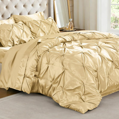 BEDELITE Queen Pintuck Bed-in-a-Bag – Champagne Satin Comforter with Sheets, Pillowcases & Shams