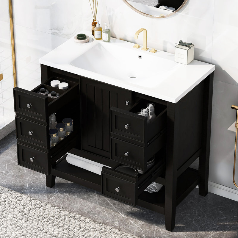 Meuble-lavabo élégant avec lavabo, tiroirs et armoire pour un décor de salle de bain fonctionnel et élégant.