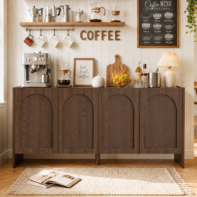 Buffet Archway 63" à 4 portes en placage de bois massif avec design arqué et étagères réglables, grand buffet/crédence pour salon, cuisine ou entrée (noyer)
