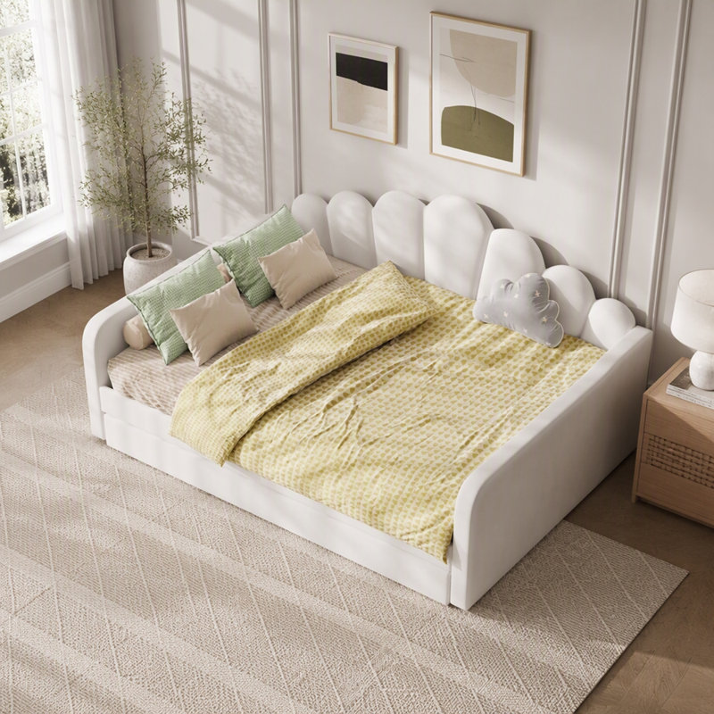 Lit de jour en velours avec dossier de forme basse et lit gigogne, Grand lit, Beige