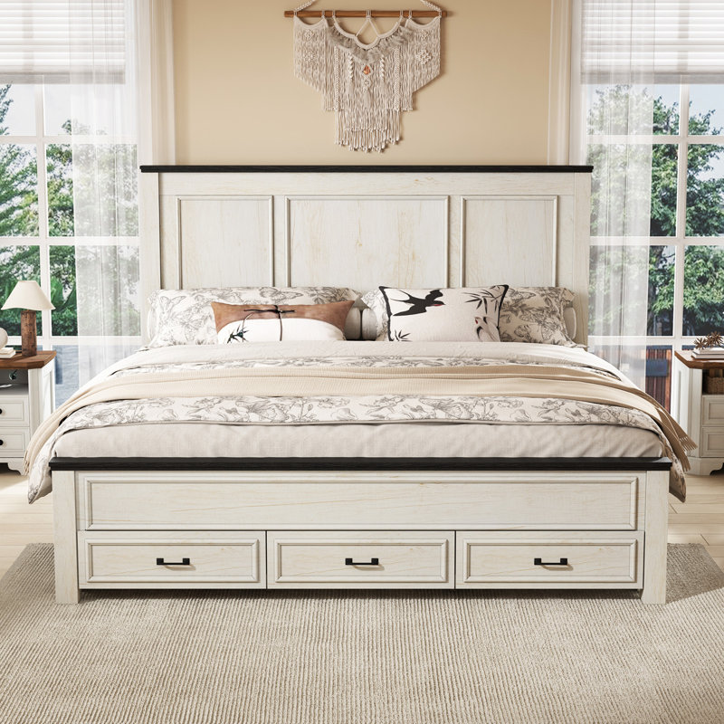 Revan 52.5" H Farmhouse King Bedframe with Storage Drawers, White, White, King